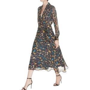 EQUIPMENT Silk Chiffon Vivienne Wrap Effect Floral Midi Dress Black Size 8